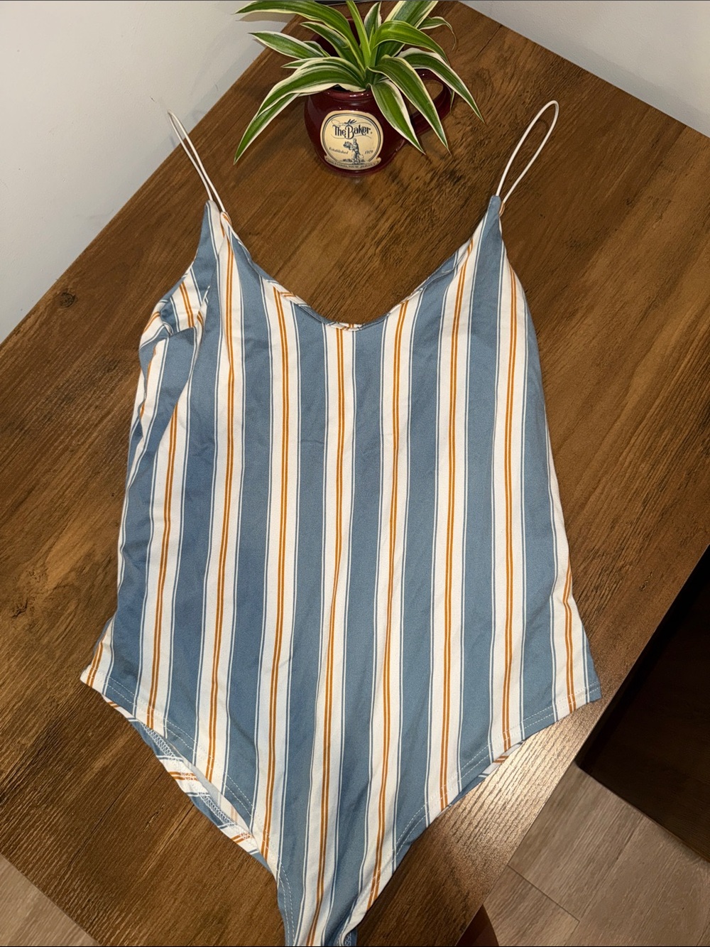 gaze Blue and White Striped Camisole Bodysuit with Tan Accent